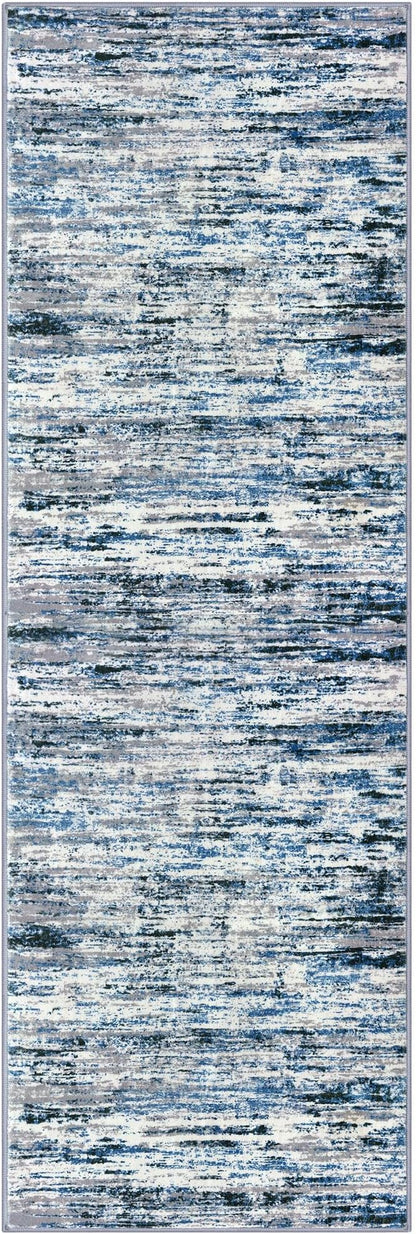 Modern Abstract Runner Rug 3x8, Grey Blue White, Washable Kitchen Runner Non-Slip Soft Hallway Rug Thin Print Faux Wool Carpet for Entryway Bedroom Laundry Room Indoor Home Office Decor