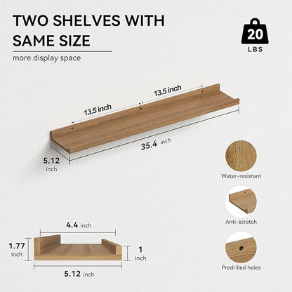 Boswillon 35.3 Inches Long Floating Shelves, 2 Set Rustic Wall Shelf for Bedroom, Nursery Book Shelf with Lip, Picture Ledge Shelf for Wall Decor Living Room Bathroom Kitchen - Oak