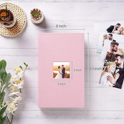 potricher Small Photo Album 4x6 300 Photos Leather Cover Picture Book with 300 Horizontal Pockets for Family Wedding Anniversary and Baby (Pink)