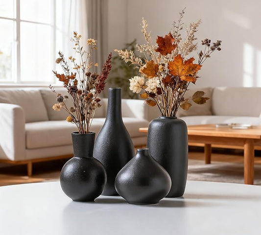 Black Ceramic Flower Vase Set of 4, Modern Farmhouse Decorative Vases for Bookshelf,Dining Room Coffee Console Table Centerpieces