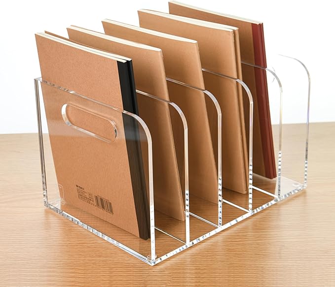 Acrylic Magazine File Holder, 5 Vertical Compartments Desk Document Sorter Organizer, Clear Folder Rack Binder for Office/Documents/Classroom, for Home, Tablet, Magazines, Books & Accessories