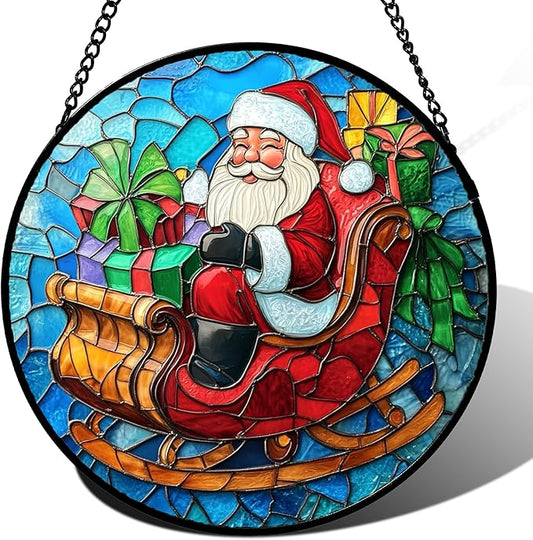 DASTOLL Stained Glass Window Hanging - Red Santa Claus Gift Box Suncatcher for Doors Home Christmas Decoration Winter Sun Catcher Thanksgiving New Year Birthday Gift for Women Men Mom Nana 11.8 in