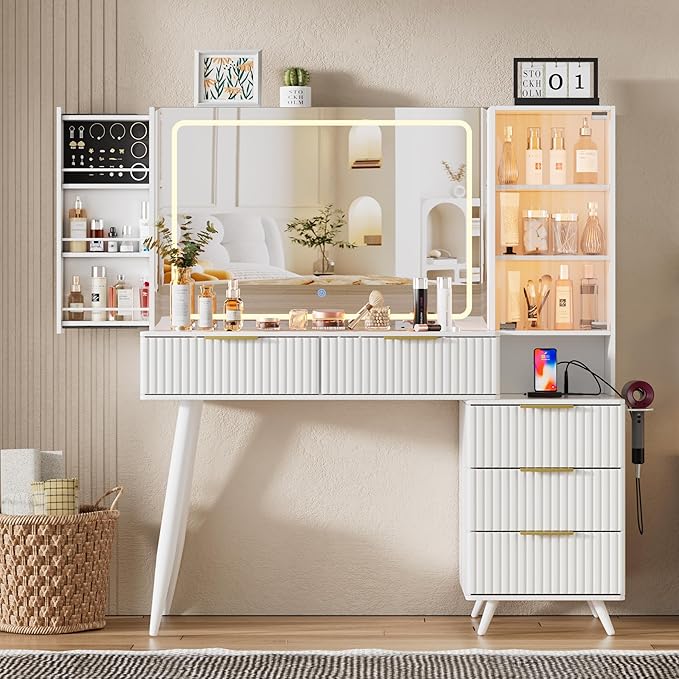 White Makeup Vanity Desk with Lighted Mirror & Power Outlet,3 Color Modes, Brightness Adjustable,Vanity Table with Drawer,Sliding 2 Storage Wall-Mounted Jewelry