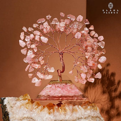 KARMAPLEDGE Rose Quartz Crystal Tree Good Luck Birthday Gifts for Womens, Mom, Home and Office Desk Decor, Pyramid Base Reiki Healing Stones & Chakra Tree of Life for Positive Energy, Money, Sucess
