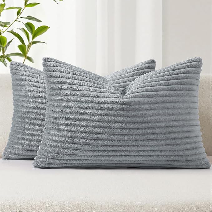 Simmore Decorative Spring Throw Pillow Covers 12x20 Set of 2, Soft Natural Plush Flannel Double-Sided Fluffy Lumbar Pillow Covers for Couch Sofa Living Room, Grey