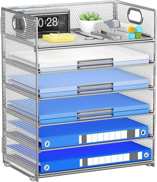 Paper Organizer for Desk with Handle, 6-Tier Silver Metal Mesh File Organizer | Stackable Desktop Organizer for Office Supplies & Home Organization