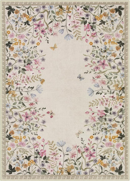 Lahome Boho Floral Beige Washable 5x7 Area Rugs for Living Room, Non Slip Rugs for Bedroom, Indoor Throw Dining Room Carpet for Under Table Entryway Kitchen Office(Beige,5x7)