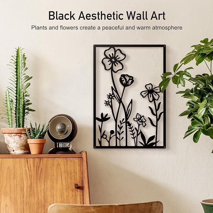 Sokurdeg Black Metal Flowers Wall Decor, Minimalist Floral Metal Wall Hanging Art, Black Abstract Rustic Flower Line Wall Sculptures for Bedroom Bathroom Living Room (4 Pcs, 15.7 x 22.5 in)