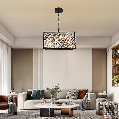 Modern Crystal Chandelier, 6-Light Black Chandeliers for Dining Room with Adjustable Chain, 51 Inch Ceiling Light Fixture for Bedroom, Foyer (Bulbs Not Included)
