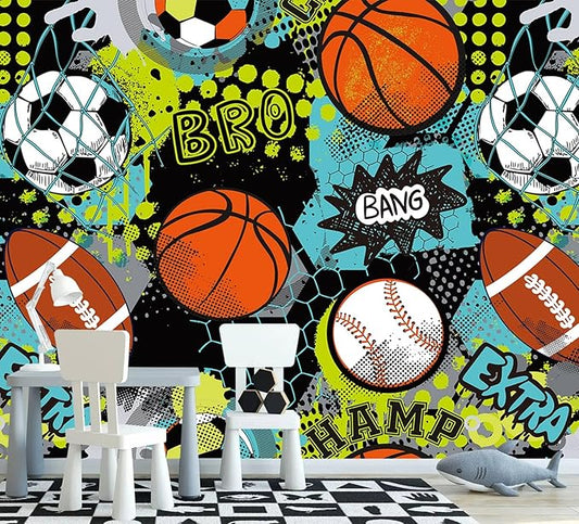 AFZEVEB-Colorful Graffiti Wallpaper Hand-Painted Ball Wall murals for Kids Room 159"x107"(Not Peel and Stick)