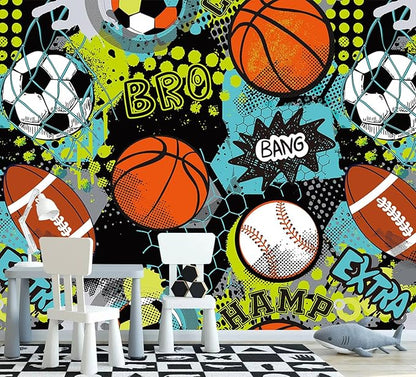 AFZEVEB-Colorful Graffiti Wallpaper Hand-Painted Ball Wall murals for Kids Room 114"x74"(Not Peel and Stick)