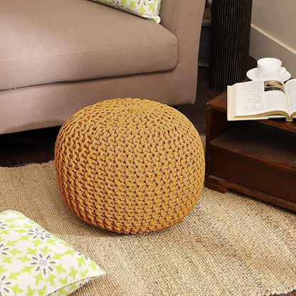 REDEARTH · Round Pouf Foot Stool Bean Bag Ottoman - Hand Knitted Boho Pouffe - Home Decor Poof - Stuffed Foot Rest for Living Room - Nursery - Bedroom - Patio (19.5"x19.5"x14") - Mustard, Set of 2