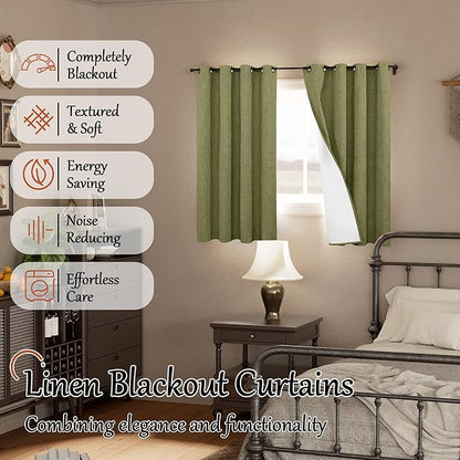 Lajode 100% Linen Blackout Curtains for Bedroom Living Room 45 Inch Long 2 Panels, Thermal Insulated Light Blocking Soundproof Curtains, Noise Reducing Window Drapes 52x45 Inch 2 Panels, Olive Green