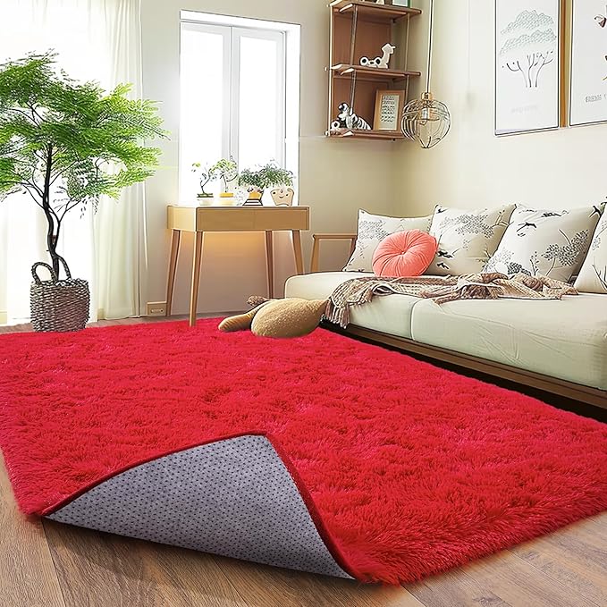 Super Fluffy Rug for Bedroom, 4x6 Shag Fuzzy Area Rug for Living Room Bedroom, Plush Soft Carpet for Girls Boys Kids, Non Slip Throw Rugs for Dorm, Modern Home Decor Aesthetic, Red
