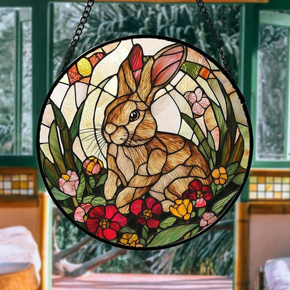 Stained Glass Window Hanging, Cute Bunny Flowers Sun Catcher for Window Door Home Decor, Rabbit Suncatcher Christmas Mother's Day Birthday Gifts for Women Men Mom and Nana 11.8 in