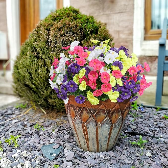 Spring Summer Mix Color Artificial Morning Glory, 12 Bundles Artificial Flowers for Outdoors Decorations UV Resistant Realistic Silk Flowers for Patio Home Decor Garden Planter Window Box Yard