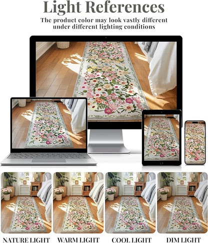 Floral Runner Rug 2x6 - Washable Vintage Kitchen Rug Low Pile Non-Slip Carpet for Entryway Hallway, Laundry, Bedroom - Soft, Stain Resistant Indoor Area Rug - Grey