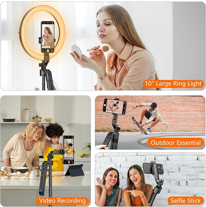 Auto Face Tracking Self Stick Tripod for iPhone with 10" Ring Light Hands-Free 360°Adjustable 70.9 Inch Smart Phone Stand with Remote for Content Creator Vlog Video Recording