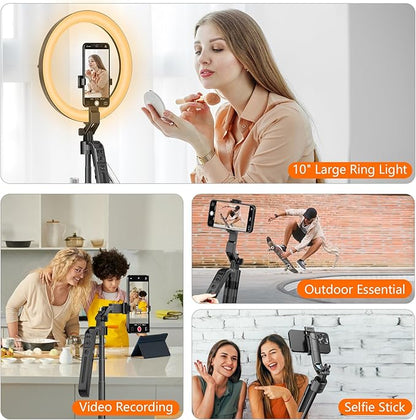 Auto Face Tracking Self Stick Tripod for iPhone with 10" Ring Light Hands-Free 360°Adjustable 70.9 Inch Smart Phone Stand with Remote for Content Creator Vlog Video Recording