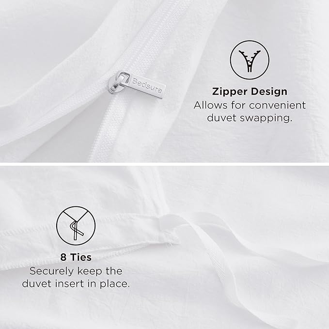 Bedsure 100% Washed Cotton Duvet Cover Queen Size - Bright White Minimalist Cotton Duvet Cover Linen Like for All Seasons - GentleSoft™ Plain Simple Bedding (Bright White, Queen, 90"x90")