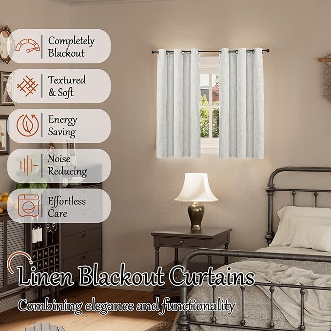 Lajode 40 Inch Length Linen Blackout Curtains for Short Cafe Window, Thermal Insulated Light Blocking Soundproof Privacy Burlap Curtains 2 Panels, Each 38 Inch Wide Light Grey