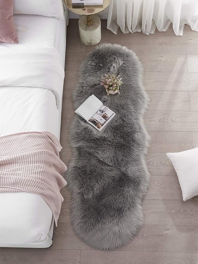 SERISSA Ultra Soft Fluffy Rug Grey Faux Sheepskin Fur Area Rug Shaggy Couch Cover Seat Cushion Gray Furry Carpet Beside Rugs for Bedroom Floor Sofa Living Room Runner 2x6 Feet Grey