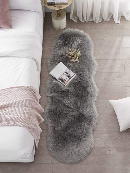 SERISSA Ultra Soft Fluffy Rug Grey Faux Sheepskin Fur Area Rug Shaggy Couch Cover Seat Cushion Gray Furry Carpet Beside Rugs for Bedroom Floor Sofa Living Room Runner 2x6 Feet Grey
