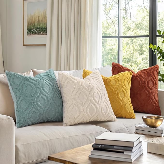 decorUhome Spring Throw Pillow Covers 18x18 Inch Set of 2, Soft Plush Faux Wool Mustard Yellow Solid Couch Pillow Covers, Accent Farmhouse Neutral Square Pillow Cases for Sofa Bed Living Room
