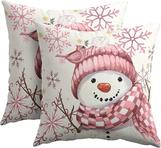 Christmas Pillow Covers 20x20 Set of 2 Pink Snowman Throw Pillow Covers Winter Pillowcase Linen Decoration Farmhouse Bird Cozy Soft Cushion Case Couch for Indoor Outdoor Home Decor