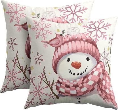 Christmas Pillow Covers 16x16 Set of 2 Pink Snowman Throw Pillow Covers Winter Pillowcase Linen Decoration Farmhouse Bird Cozy Soft Cushion Case Couch for Indoor Outdoor Home Decor