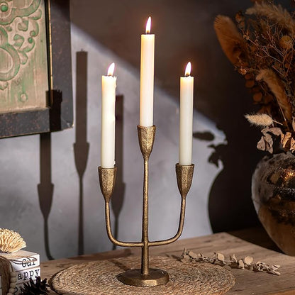 Cast Iron Gold Candelabra: 10.4 Inch Tall Vintage Taper Candle Holders 3 Arms Brass Candlestick Holders Antique Candelabra Centerpieces for Tables Fireplace Living Room Decor Set of 1