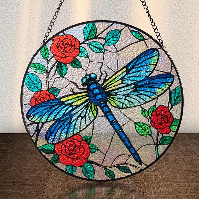 Sun Catcher Stained Glass Window Hanging 8 inch Dragonflies Suncatcher Wall Art Home Decor Sun Catchers Decoration for Garden Home Housewarming Gifts