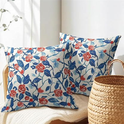 Valentines Day Pillow Covers 22x22 Set of 2 Blue Red Floral Throw Pillow Covers Flower Pillowcase Linen Decoration Farmhouse Holiday Cozy Soft Cushion Case Couch for Indoor Outdoor Home Decor