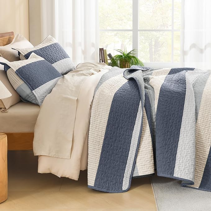 Litanika Quilt Queen Size Blue and Yellow, Stripe Patchwork Summer Bedspread Coverlet 3 Pieces, Soft Lightweight Microfiber Quilted Bedding Set for All Season(1 Quilt, 2 Pillowcases)