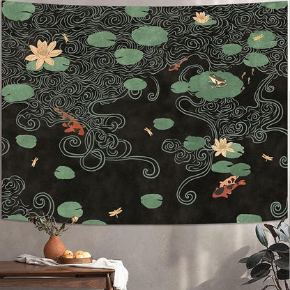 Lifeella Japanese Tapestry, Koi Pond Tapestry, Abstract Lotus Lily Wall Hanging, Zen Nature Aesthetic Art Wall Decor for Bedroom Living Room Dorm, Black 60x80 inches
