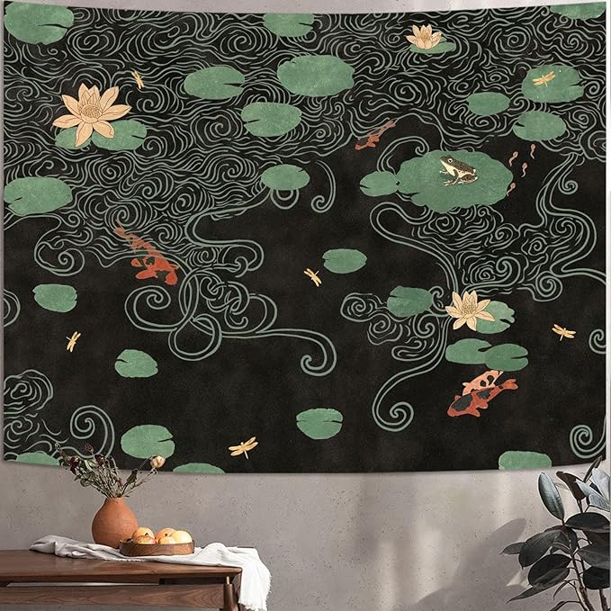 Lifeella Japanese Tapestry, Koi Pond Tapestry, Abstract Lotus Lily Wall Hanging, Zen Nature Aesthetic Art Wall Decor for Bedroom Living Room Dorm, Black 44x60 inches