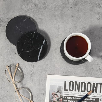 Koville Marble Coaster Set of 4, Round Coasters, 4" Stone Coaster for Drinks Coffee, White Marble Coasters for Coffee Table Home Bar Decor, Heat Resistant, Gift Choice(Black)
