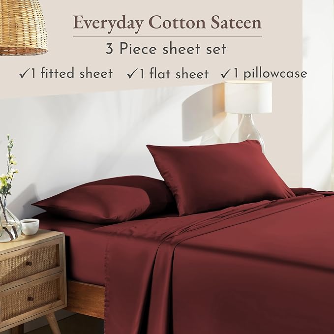 California Design Den Natural 100% Cotton Bed Sheets Twin XL Size Set - Soft Sateen Twin XL Sheet Set with Deep Pockets, Breathable and Durable Bedding for Dorm Rooms, College (Brick Red)