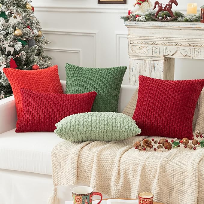 Kevin Textile Pack of 2 Christmas Corduroy Decorative Throw Pillow Covers 22x22 Inch Soft Boho Striped Pillow Covers Modern Farmhouse Home Decor for Spring Sofa Living Room Couch Bed Burgundy