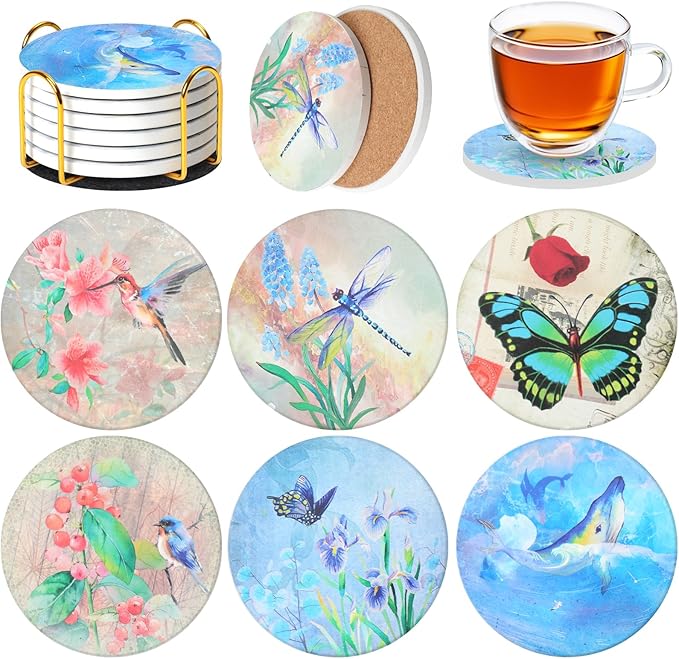 Ceramic Coasters Set of 6 with Holder, Whimsical Nature Style, Absorbent Drink Coaster Set for Home Decor, Cups, Mugs and Glasses