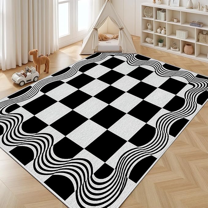 Checkered Area Rug, Checkerboard Rug, Geometric Plaid Washable Rugs 2x3, Modern Checkered Area Rugs, Wavy Line Carpet Non Slip for Bedroom Retro Home Decor Door Mat