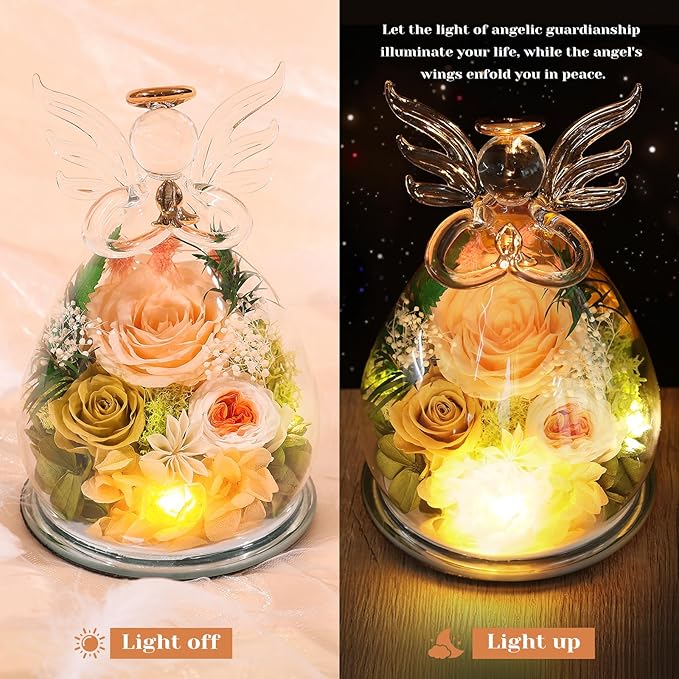 Gifts for Mom Birthday Gifts for Women Preserved Rose Forever Flower in Glass Angel Figurines Fresh Flowers for Delivery Mothers Day Anniversary Real Colorful Roses for Grandma Her Wife from Daughter