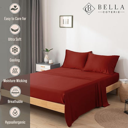 Bella Coterie Luxury Bamboo Viscose 34” Split Top King Size Sheet Set | 1 Fitted Sheet for Sleep Number & Adjustable Beds | 100% Organically Grown | Cooling & Soft | 18” Deep Pocket [Merlot]