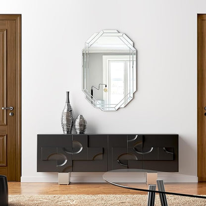 Octagonal Frameless Wall Mirror, 24'L x 35'W, Modern Bathroom Mirror with Beveled Edges