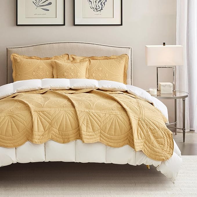 Oversized Bedspread - King Size Bedding Cover - Modern & Contemporary Coverlet Set, Real Stitching, Reversible, Lightweight, 5 Piece, Honey Gold