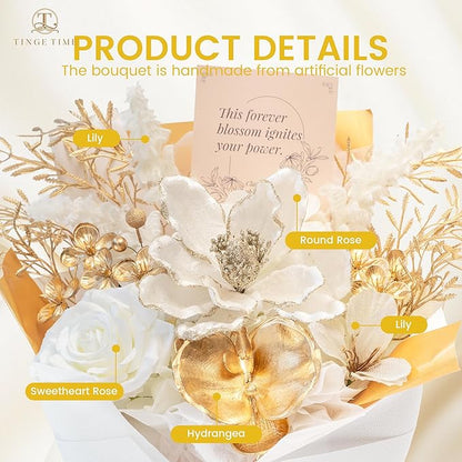 TINGE TIME Preserved Flowers Bouquet, Christmas Faux Rose Bouquets Platinum, Artificial Flowers Poinsettia Faux Flowers, for Christmas Centerpiece Table Home Holiday Party(White & Gold)