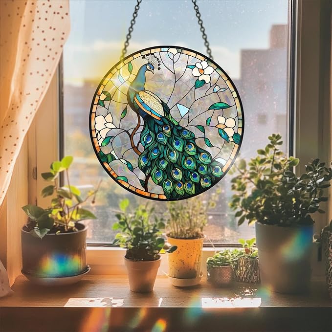 VAIIEYO Peacock Acrylic Sun Catcher Window Hanging Decoration Animal, 7.8 Inch Double-Sided Light Reflecting Ornament for Window, Garden, Porch or Balcony Decor, Housewarming, Gift for Natural Lovers