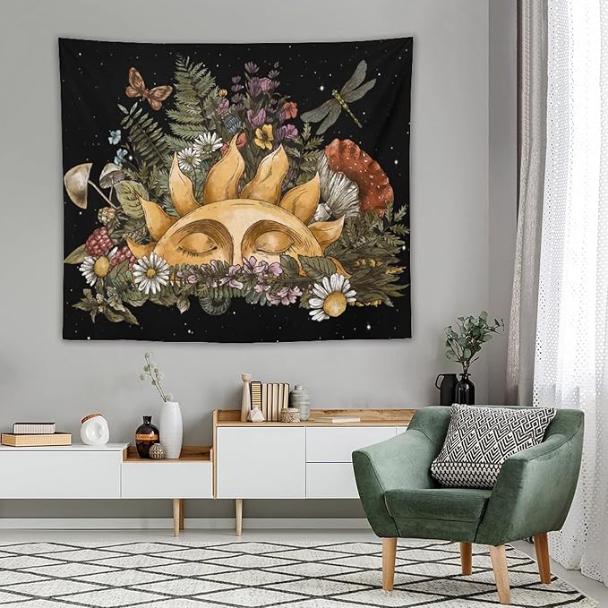 Vintage Sun Tapestry,Boho Hippie Mushroom Starry Floral Forest Plant Tapestries Wall Hanging for Dorm Living Room Bedroom Home Decor(50"x60")