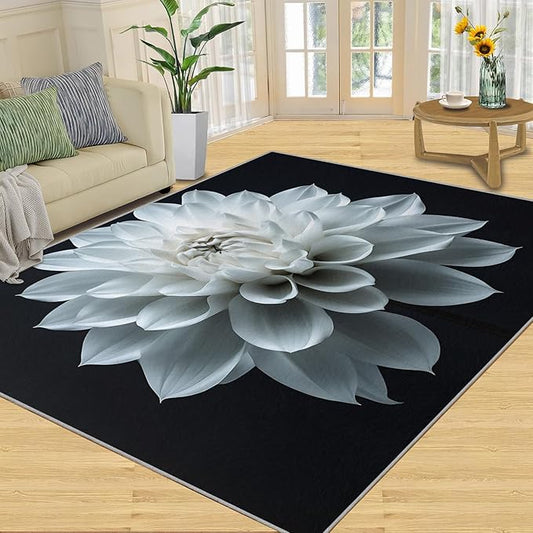 Petals Washable Area Rugs 3x4 Non-Slip Dahlia Living Room Rug White Flower Soft for Carpet Low Pile Indoor Door Mat & Room Decor