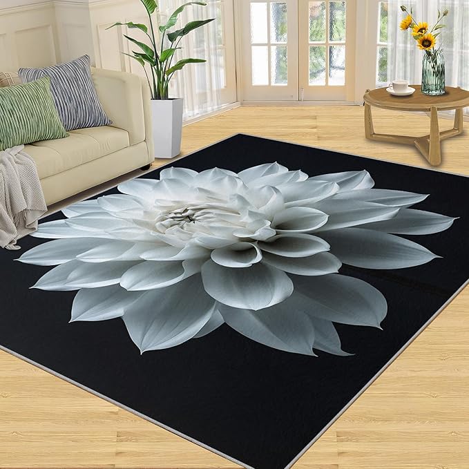 Petals Washable Area Rugs 5x6 Non-Slip Dahlia Living Room Rug White Flower Soft for Carpet Low Pile Indoor Door Mat & Room Decor